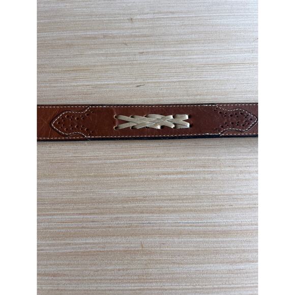 Nocona Belt Brown Leather 30 Stitching Lacing Tooled Western Brass Tone Buckle - Picture 3 of 9